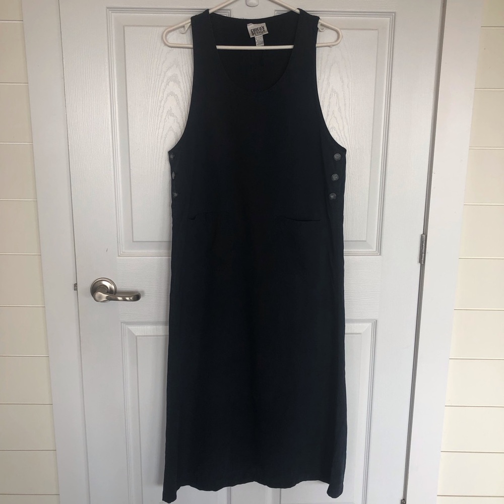 Vintage silk pinafore style maxi dress side buttons back slit navy blue Size M